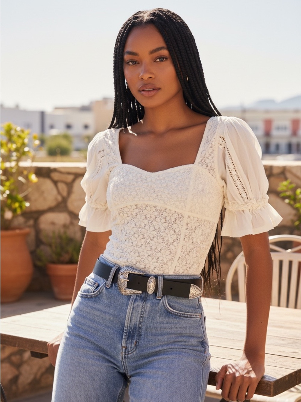 Free People Spring Fling Top Ivory Puff Sleeve Coquette Romantic Lace Cowgirl L